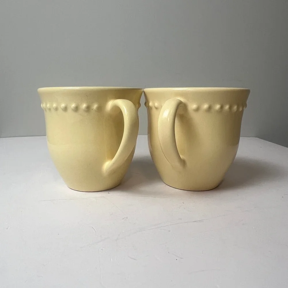 Pottery Barn Emma Coffee Mug Set of 2 Yellow Beaded Stoneware Portugal Farmhouse